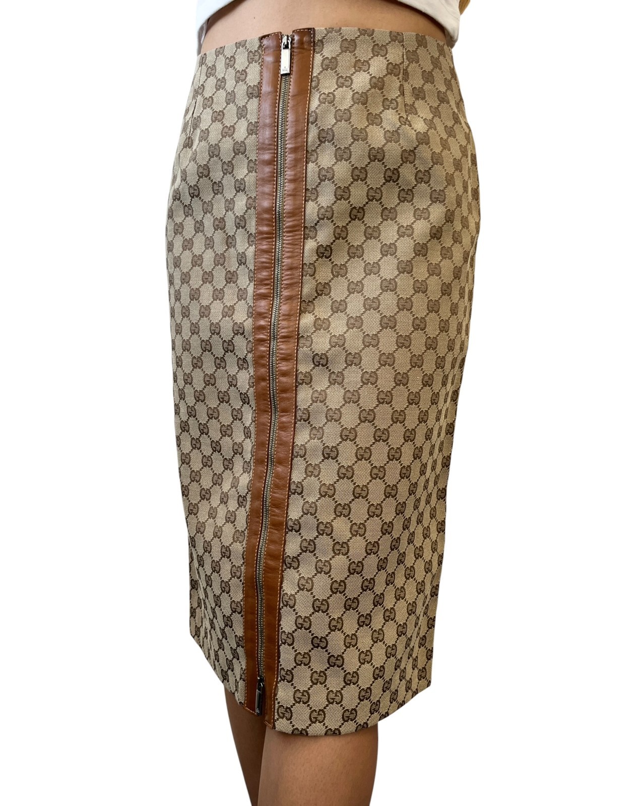 GUCCI Vintage GG Monogram Zip Knee Length Skirt #38 Beige Canvas Leather 902232