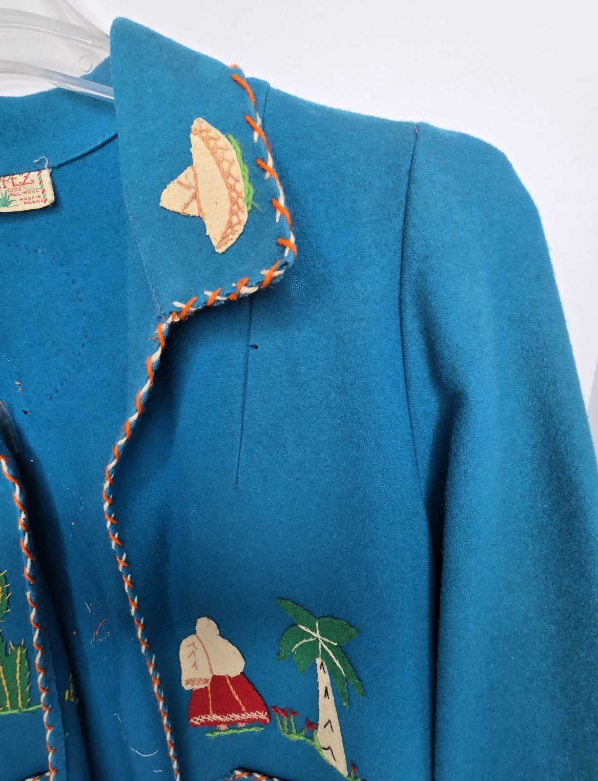 Vintage Mid-Century Lopez Mexican Wool Embroidered Souvenir Jacket – Teal As-Is