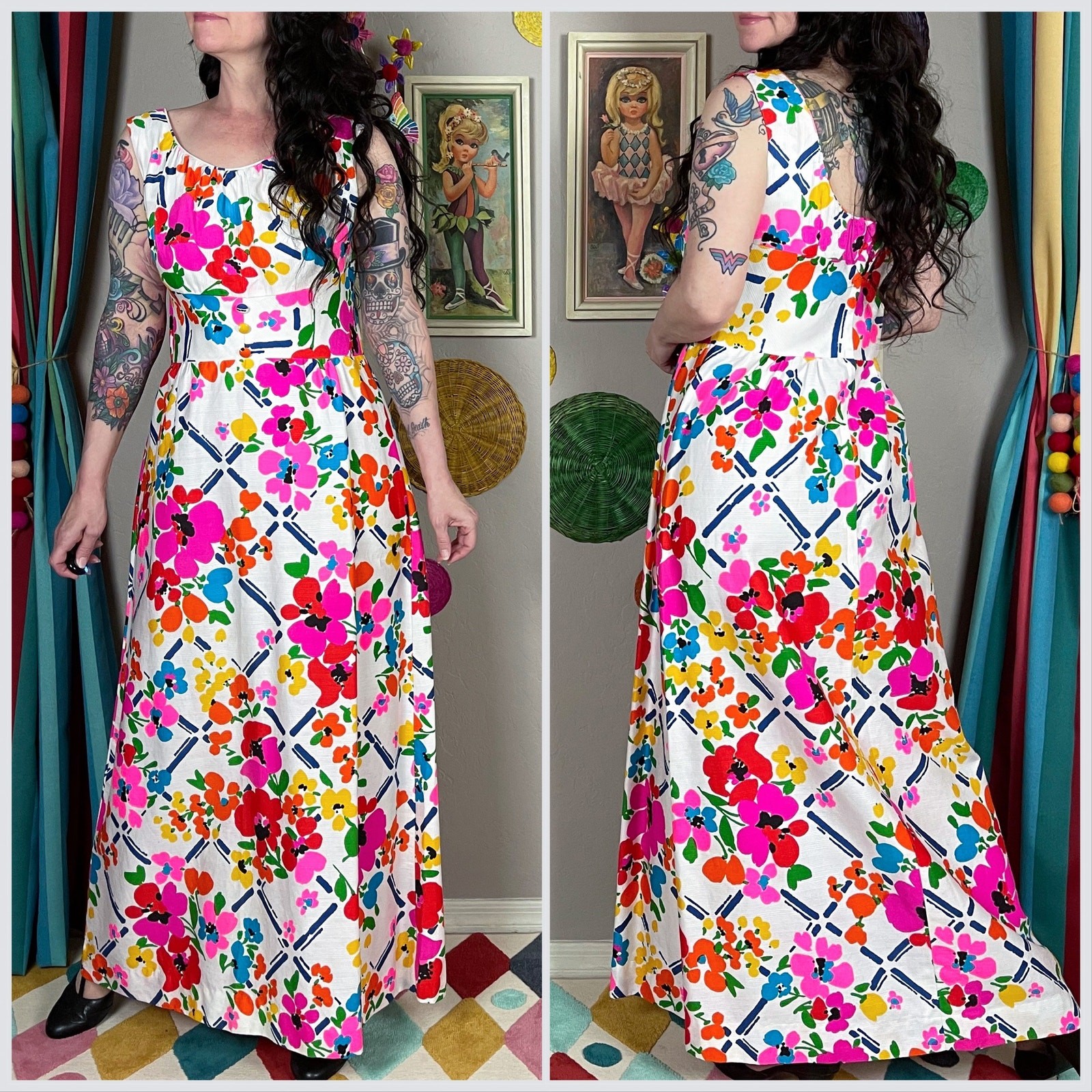 Vintage 1970s White Hawaiian Floral Day Glo Sleeveless Maxi Dress | 30&Prime; Waist