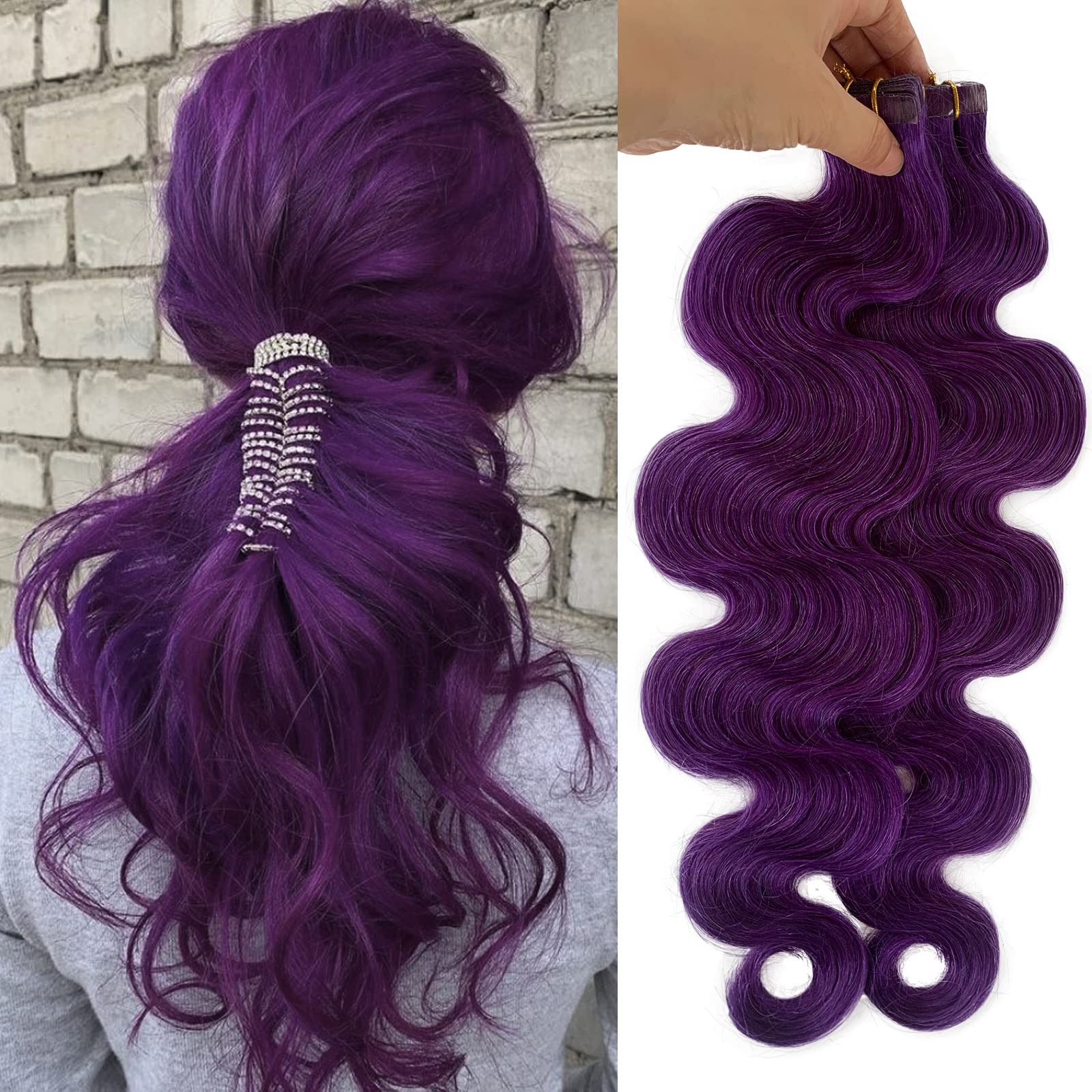 Body Wave Tape in Human Hair Extensions Purple 100% Remy Soft Sea 14-24in