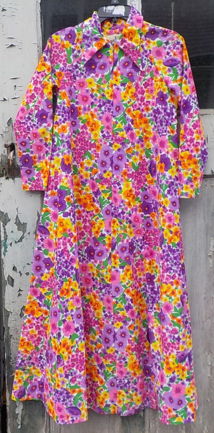 Vintage David Brown California Caftan House Lounge Maxi Dress COLORFUL FLOWERS p