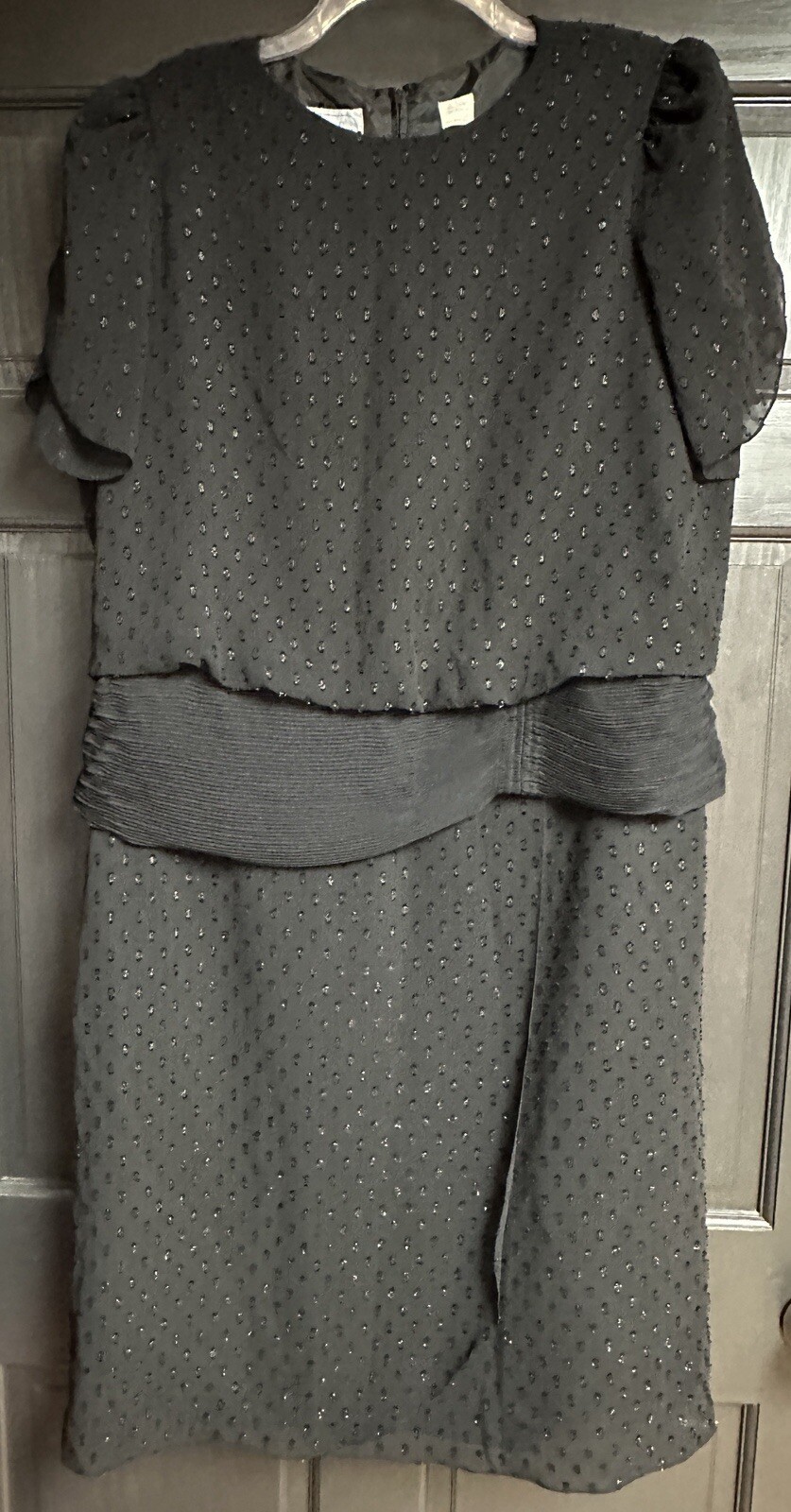 Vintage Leslie Fay Formal Dress Black Shimmery Dots Shirred Waist Accent Size 16