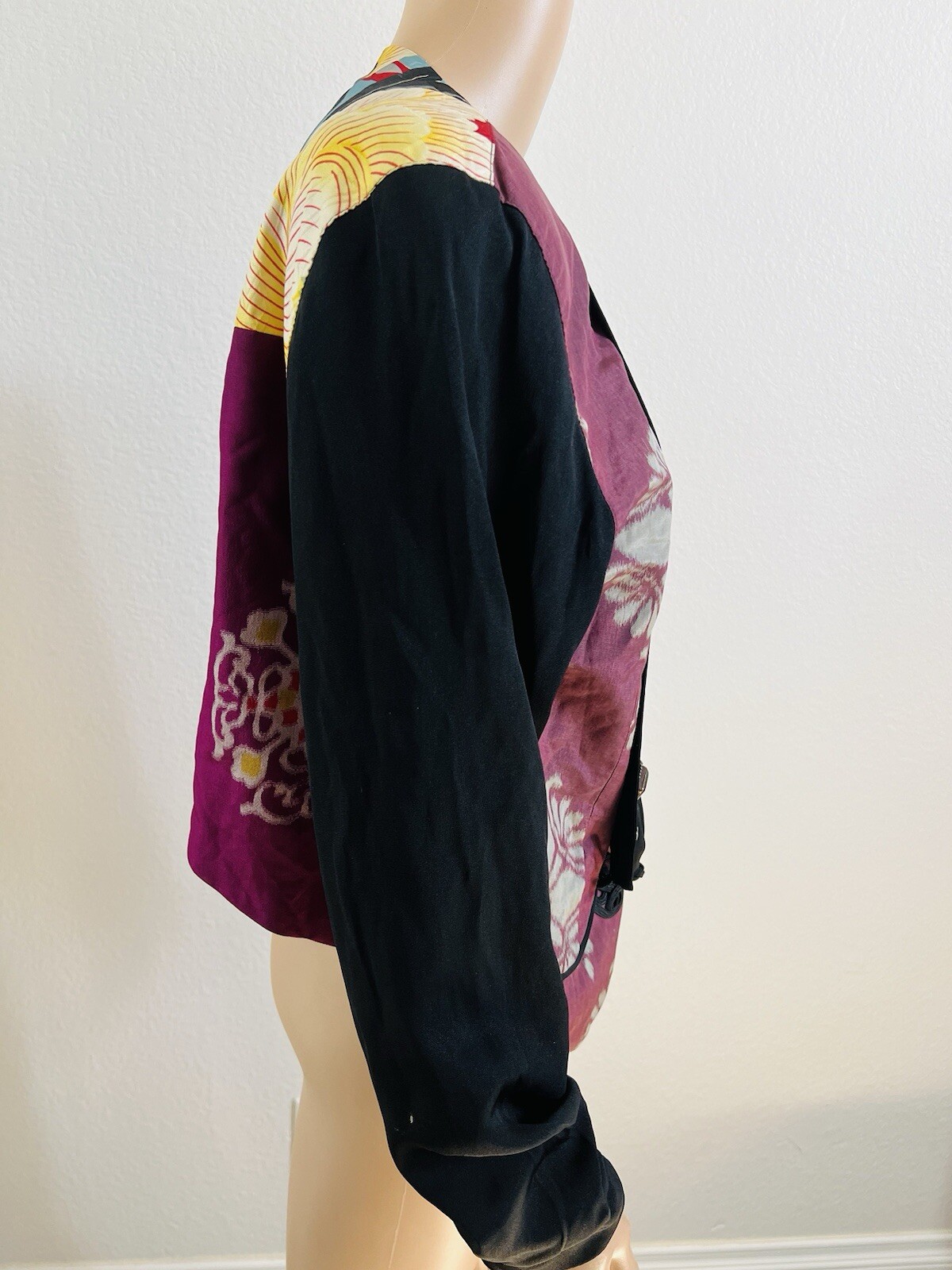 VTG Rebel Smith USA Silk* Open Jacket Floral Art Top Gemstone Accents M/L* OOAK