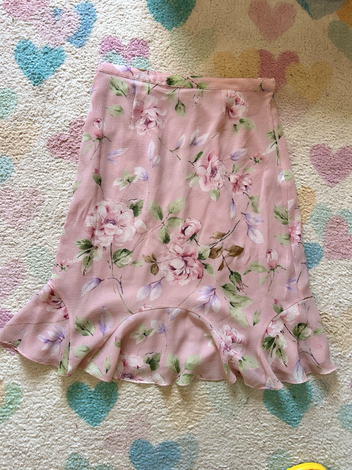 2000s pink floral fairycore ruffle hem midi skirt size 14 XL