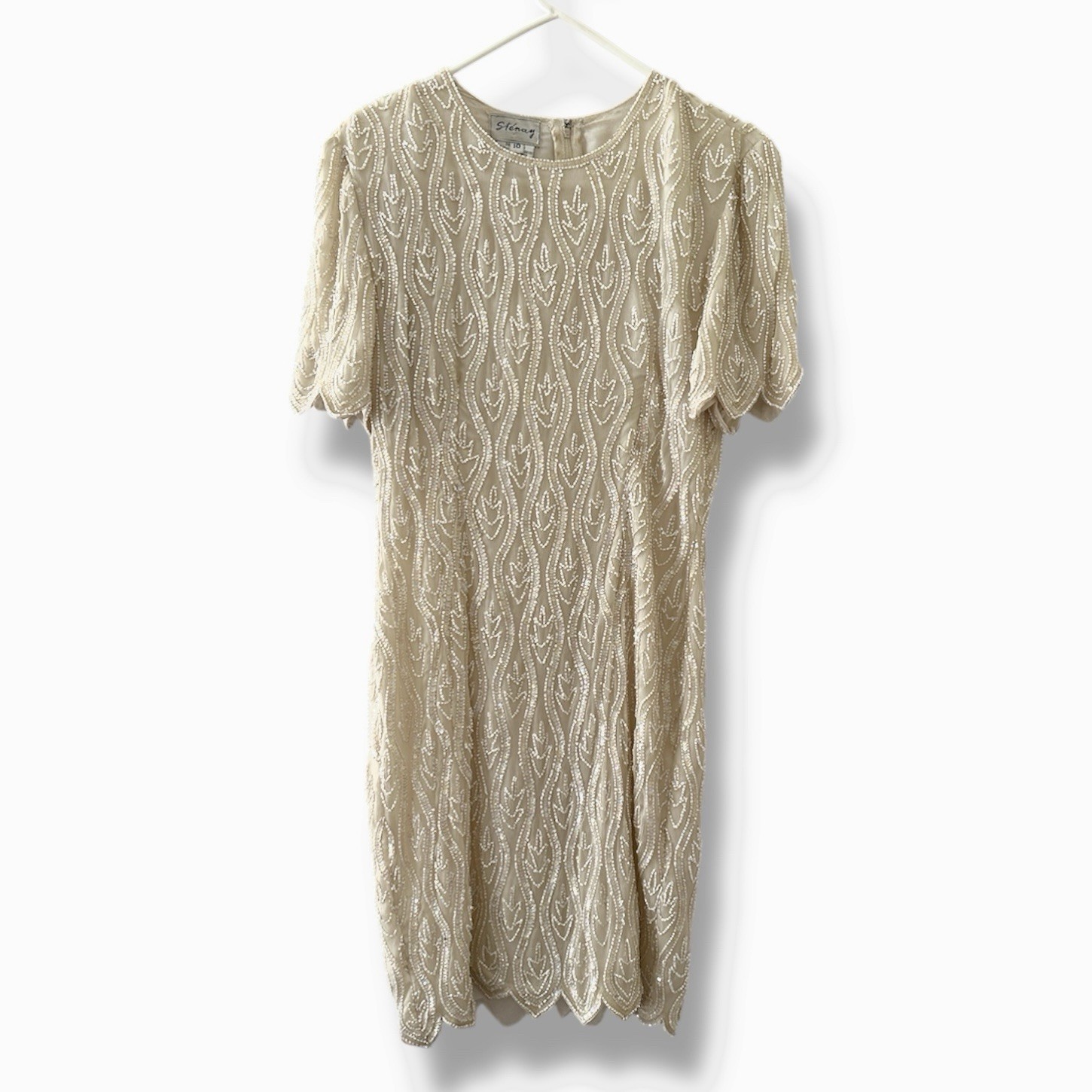 Vintage 80s Stenay Cream Silk Beaded Dress Women’s Size Small Formal Cocktail