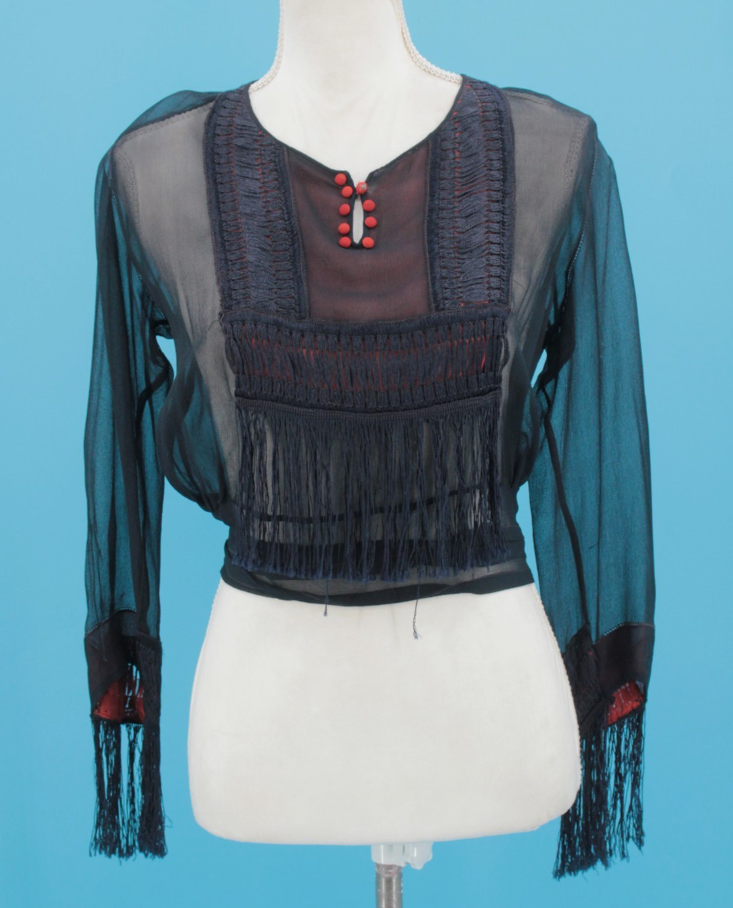 VTG Women&rsquo;s 20s Dark Navy & Burnt Orange Sheer Chiffon Blouse W/ Fringe XS 1920s