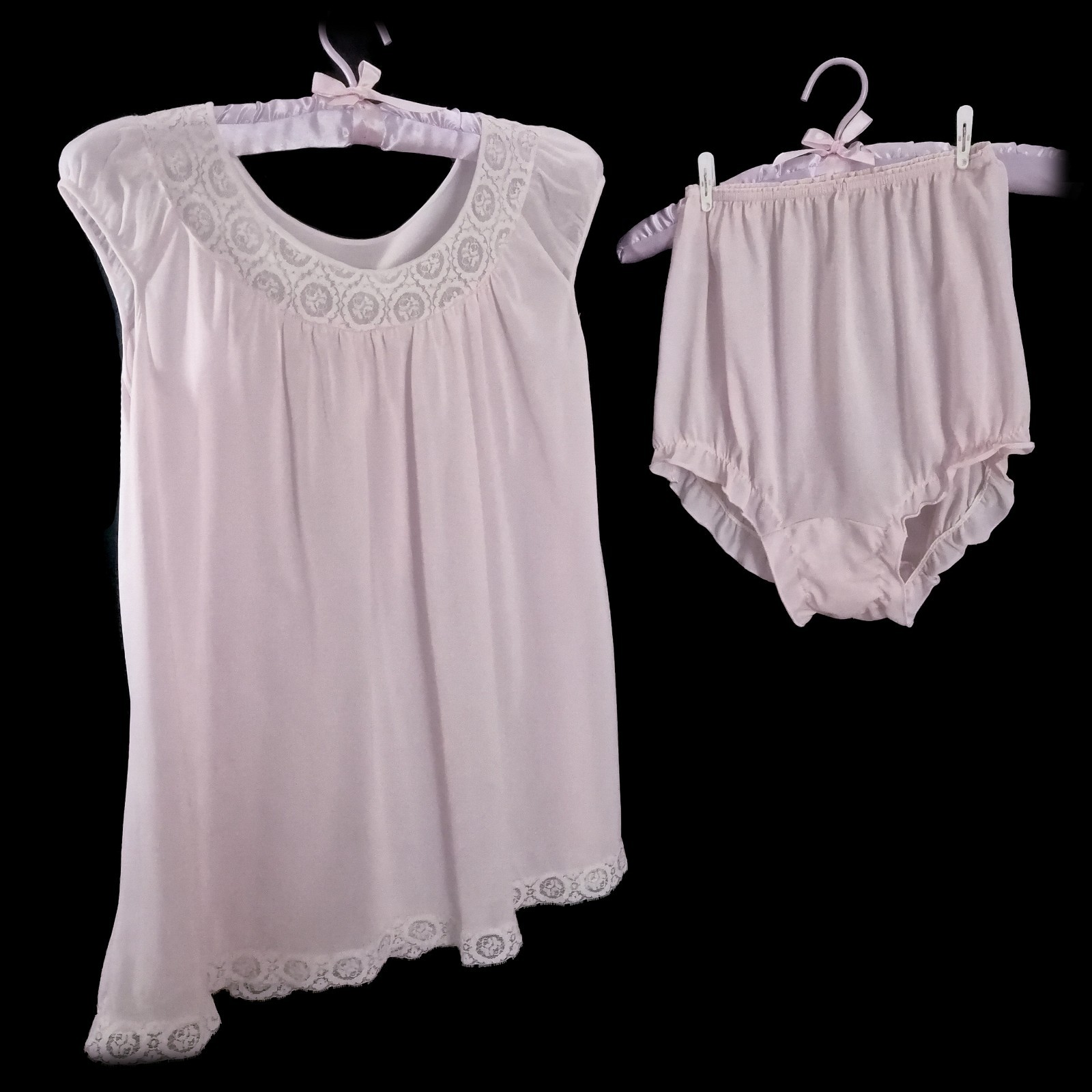 2pc Vintage Texsheen BABYDOLL Bloomer Set NYLON Pink Panty LACE Top Ruffles XS/S