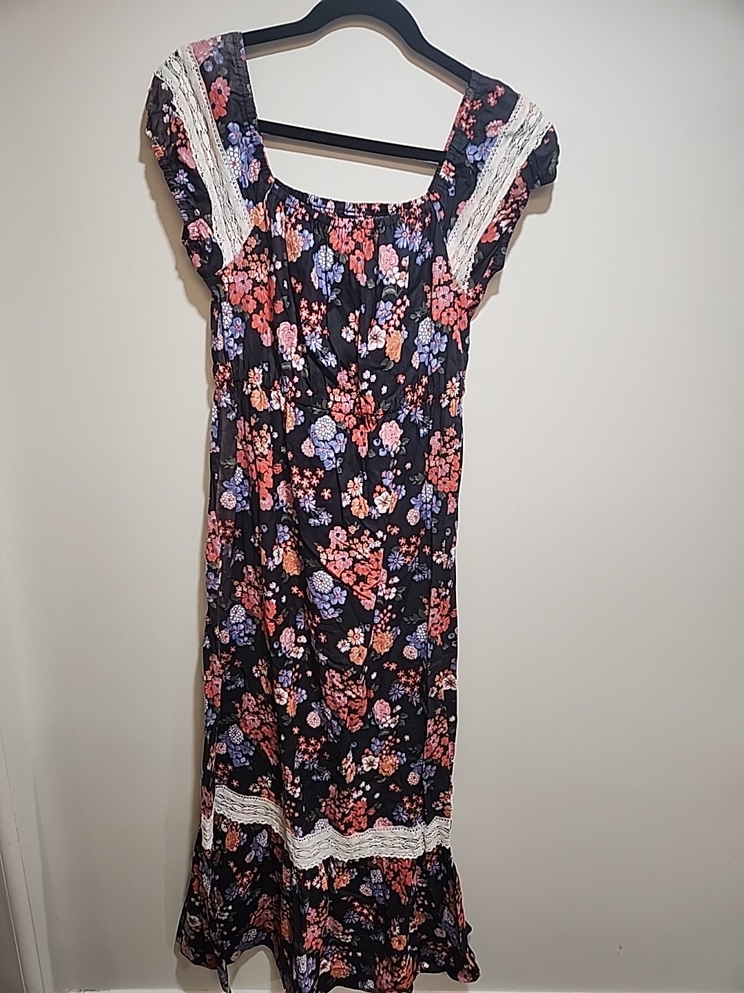 Vintage Peasant Sundress 70s Size M Fritzi Of California Floral Cotton Boho Lace
