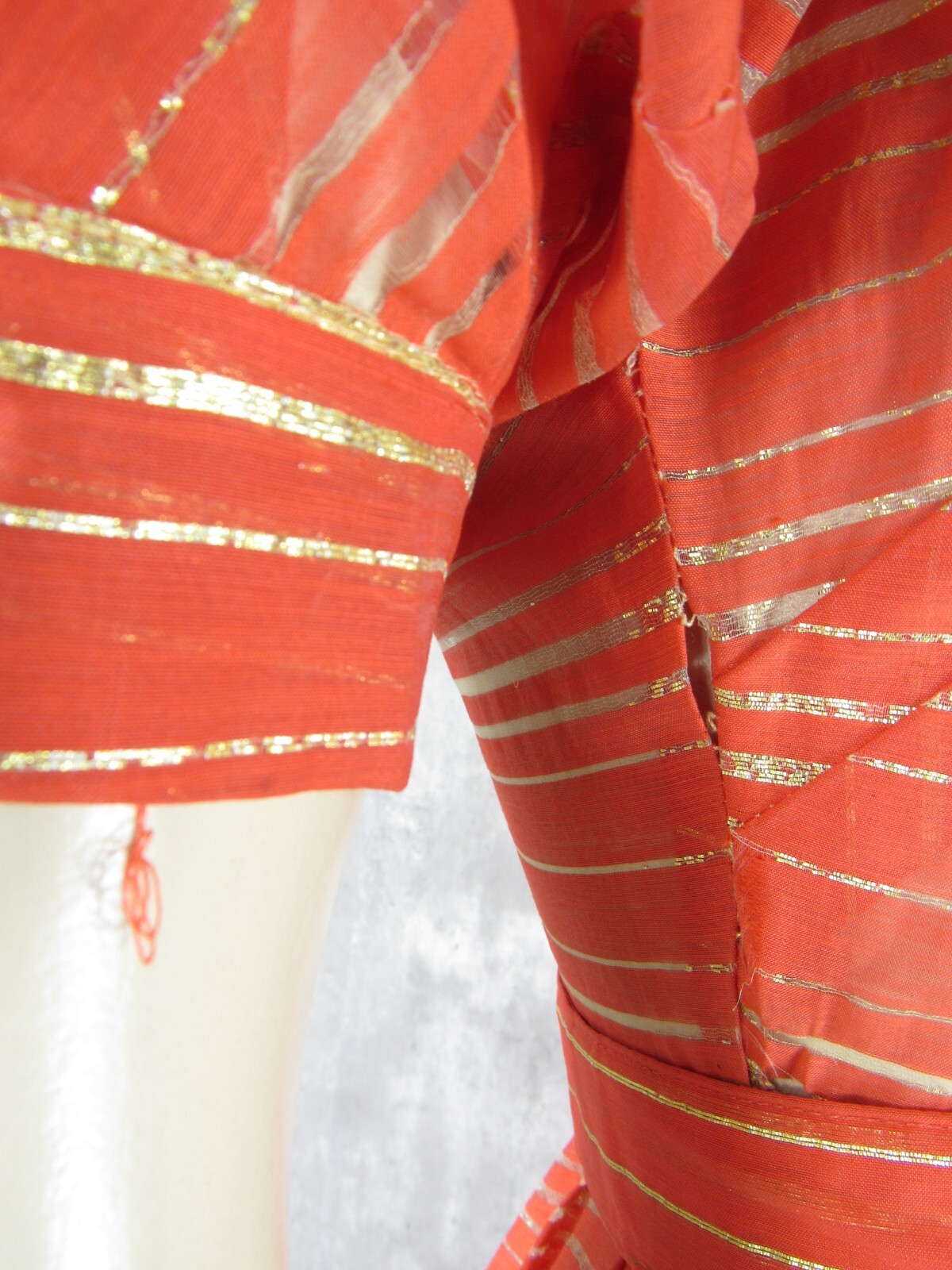 Vintage 50s Prestige Junior Orange Gold Metallic Stripe Lurex Belted Dress XS/S