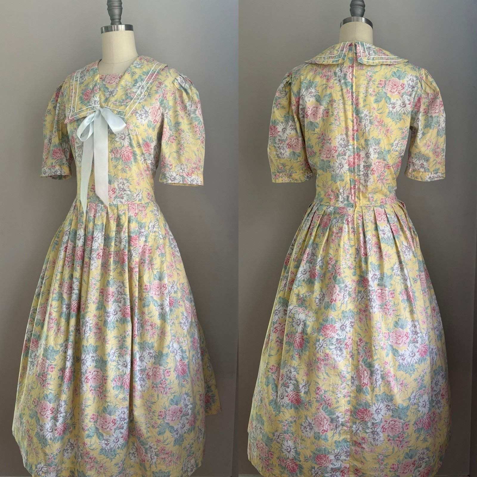 Vintage 80’s Laura Ashley Roses & Daisies Yellow Sailor Dress S/M Cottagecore