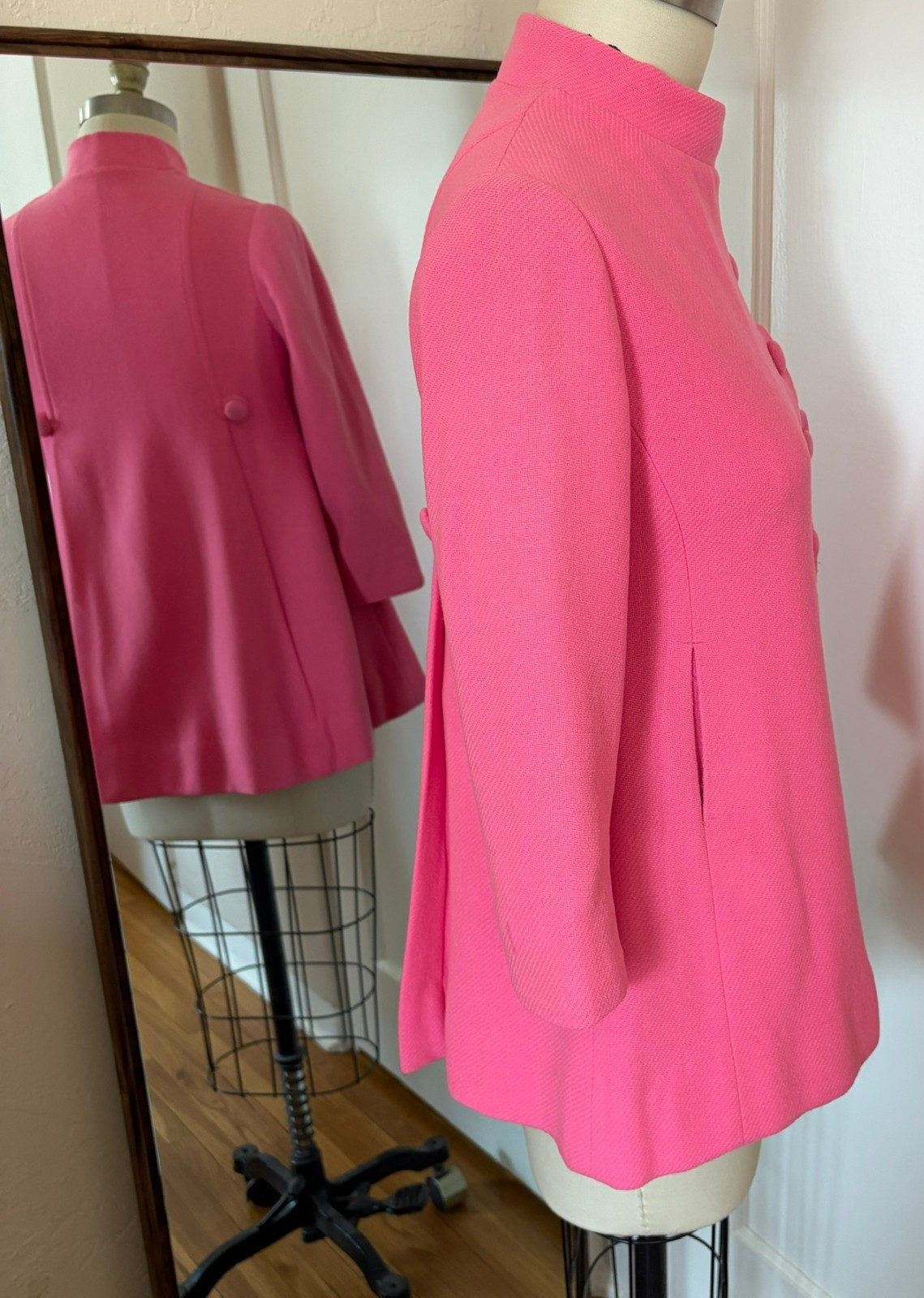Vintage 1960s Mod Swing Jacket Hot Pink Chevron Twill ILGWU Union Made Coat Sz S