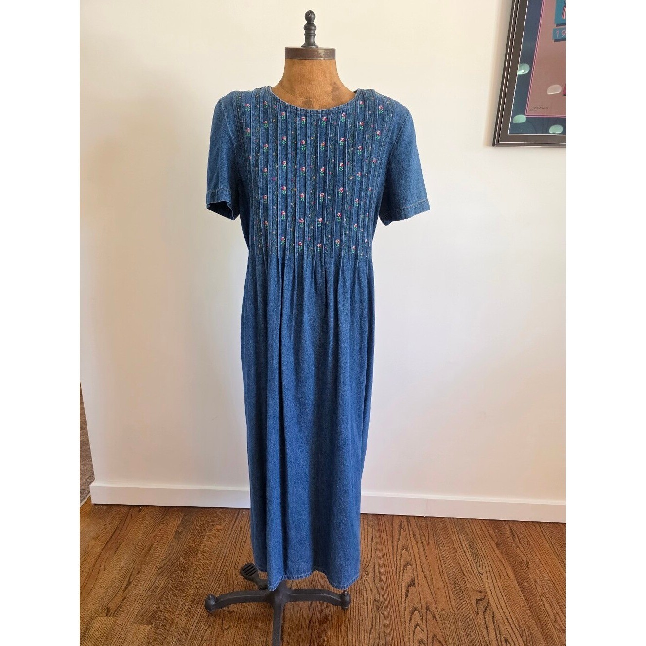 Cottagecore Embroidered Demin Maxi Prairie Dress Floral 90s Karin Stevens Sz 14