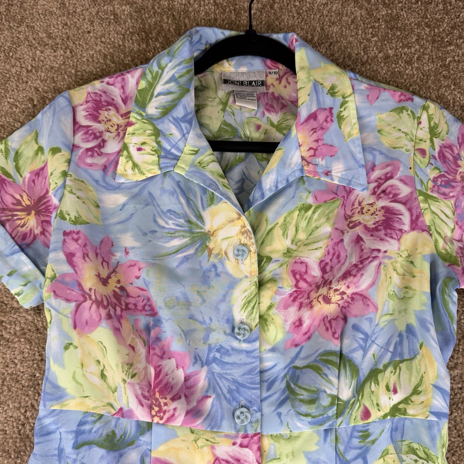 Vintage Joni Blair Blue Floral Button Up Dress Size 9/10