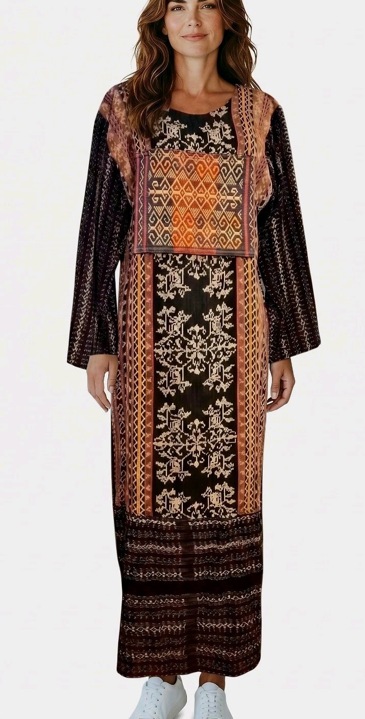 Vtg 1970s 70s BATIK COTTON Ethnic Maxi Dress INDONESIA Bohemian Kaftan 1 SZ