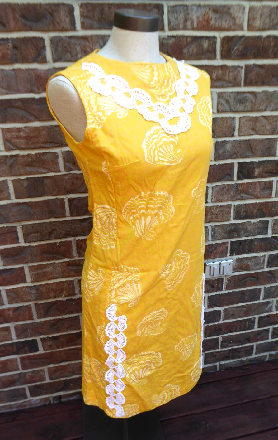 VTG 60s Flutterbye Mod Shift Dress Yellow Pique Shell Lace Summer Resort Sun S