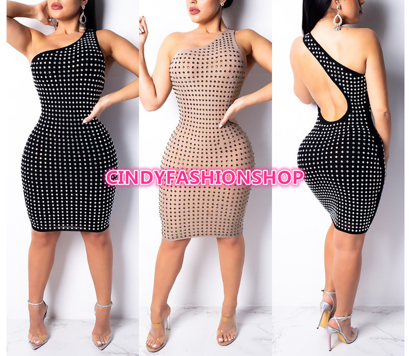 Women Sexy One Shoulder Diamonds Irregular Backless Club Bodycon Mini Out fits
