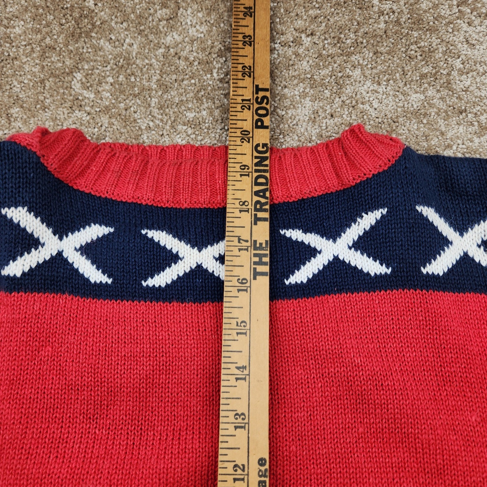 Vintage Generra Red Navy Blue Geometric Knit Sweater Womens Medium Cotton Ramie