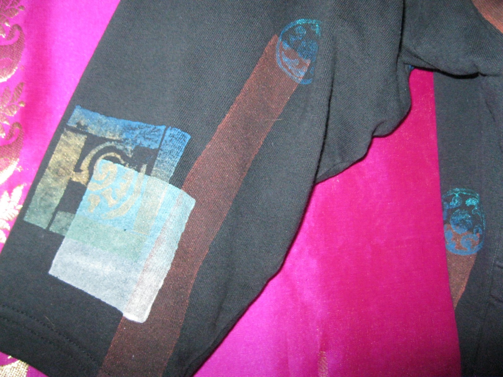 VINTAGE, BLACK COTTON JACKET, HAND PAINTED, SZ M/L, W/ FRONT POCKETS, ARTISAN