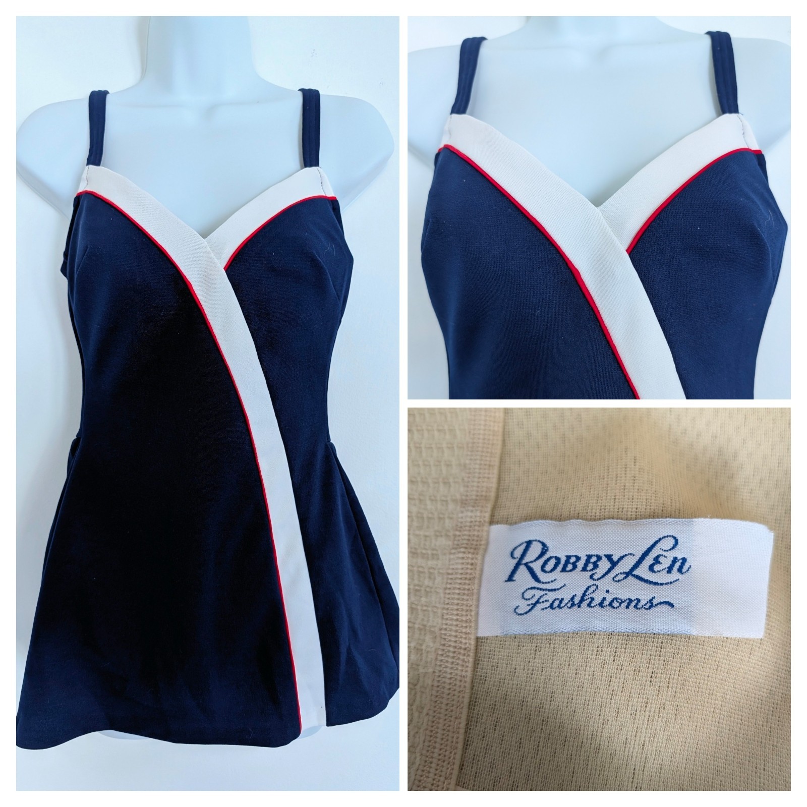 Vintage 1970s Robby Len Fashions One Piece Swimsuit Skirted Structured Top Sz S