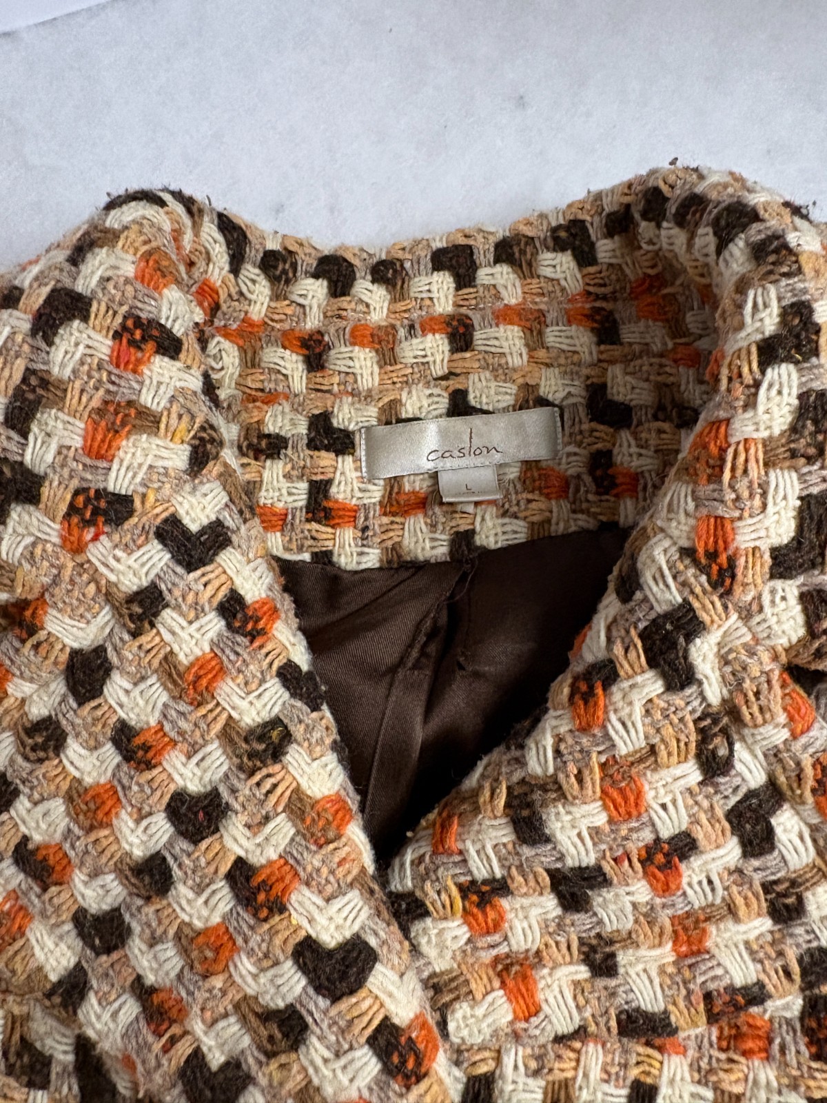 VTG Caslon Wool Woven Tweed Car Coat Brown Orange Women&rsquo;s Sz L Mod 70&rsquo;s Style