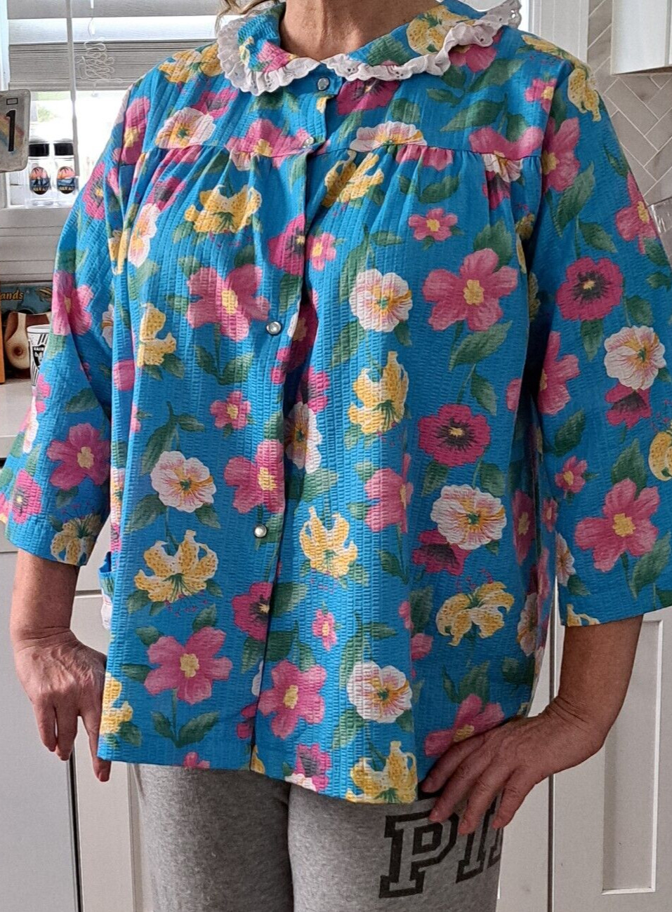 60s Pink Blue MOD Flower Top Snap Buttons Lace Peter Pan Collar USA L