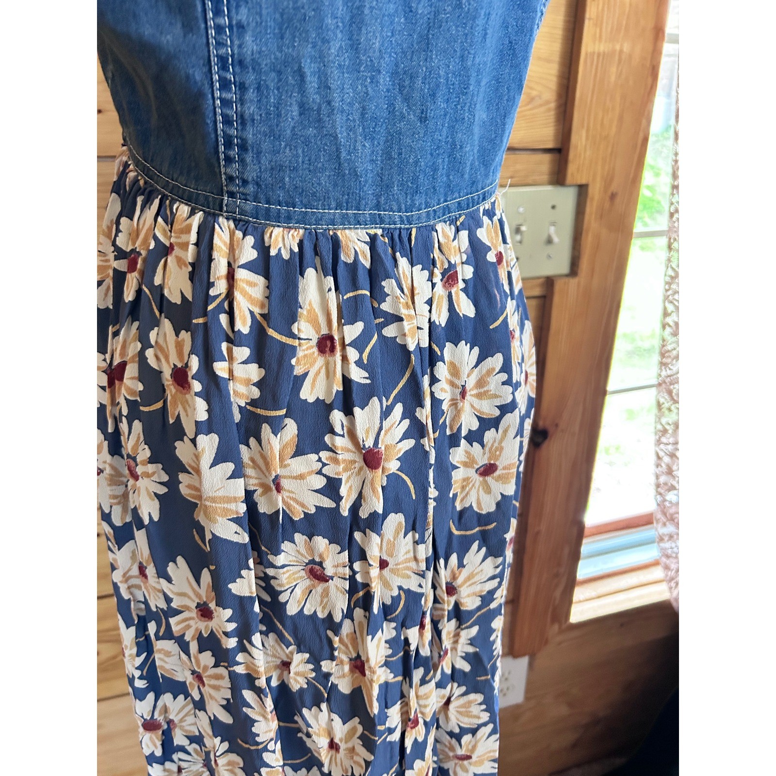 Vintage Denim Daisy Print Maxi Dress Womens Large Blue 90s Grunge Cottagecore