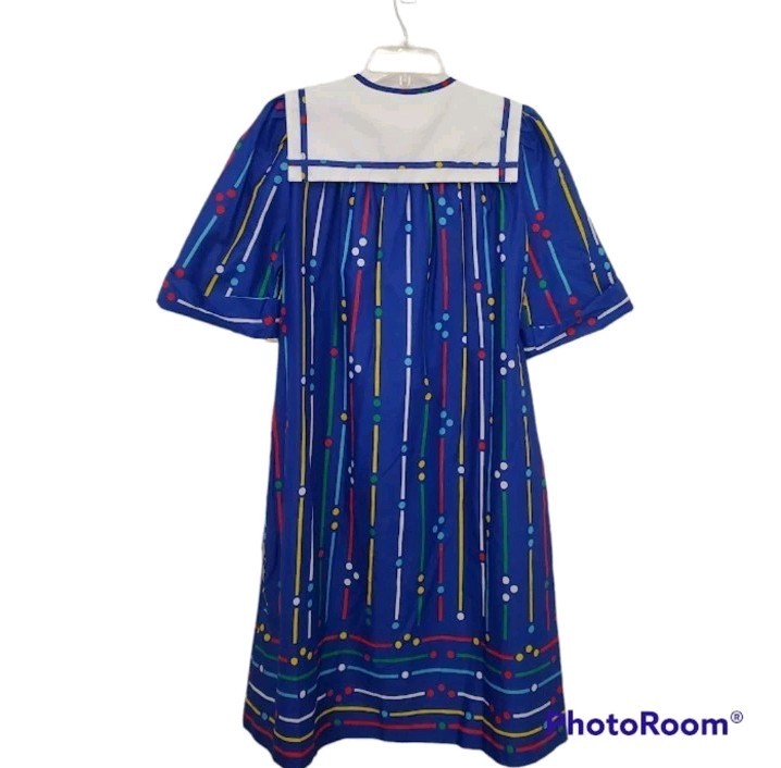 Vtg Models Coat Sz 10 Blue Multicolor House Dress Sailor Collar Snap Front NEW
