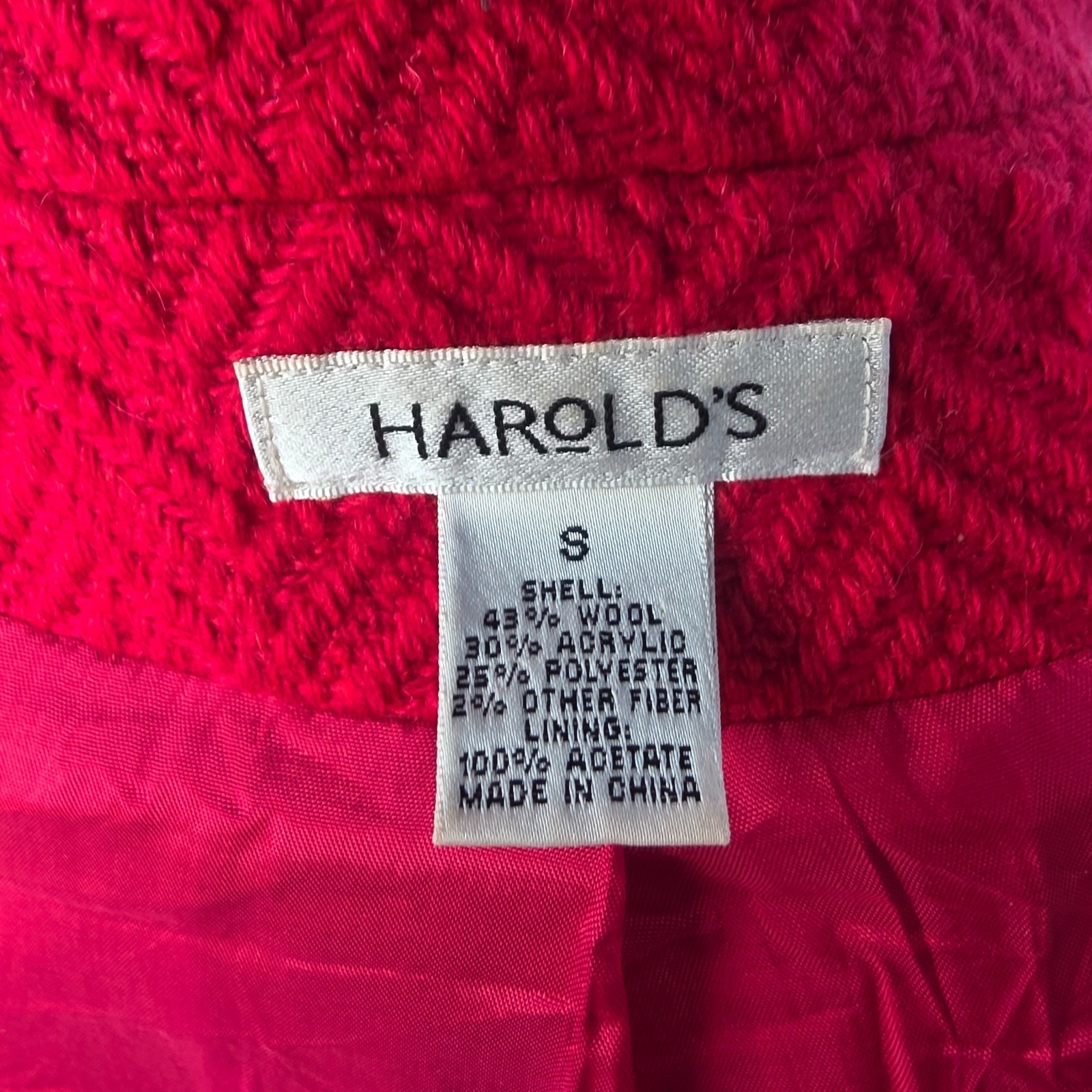 VTG Harold’s Red Wool Blend Jacket Women S Herringbone Textured Button Coat