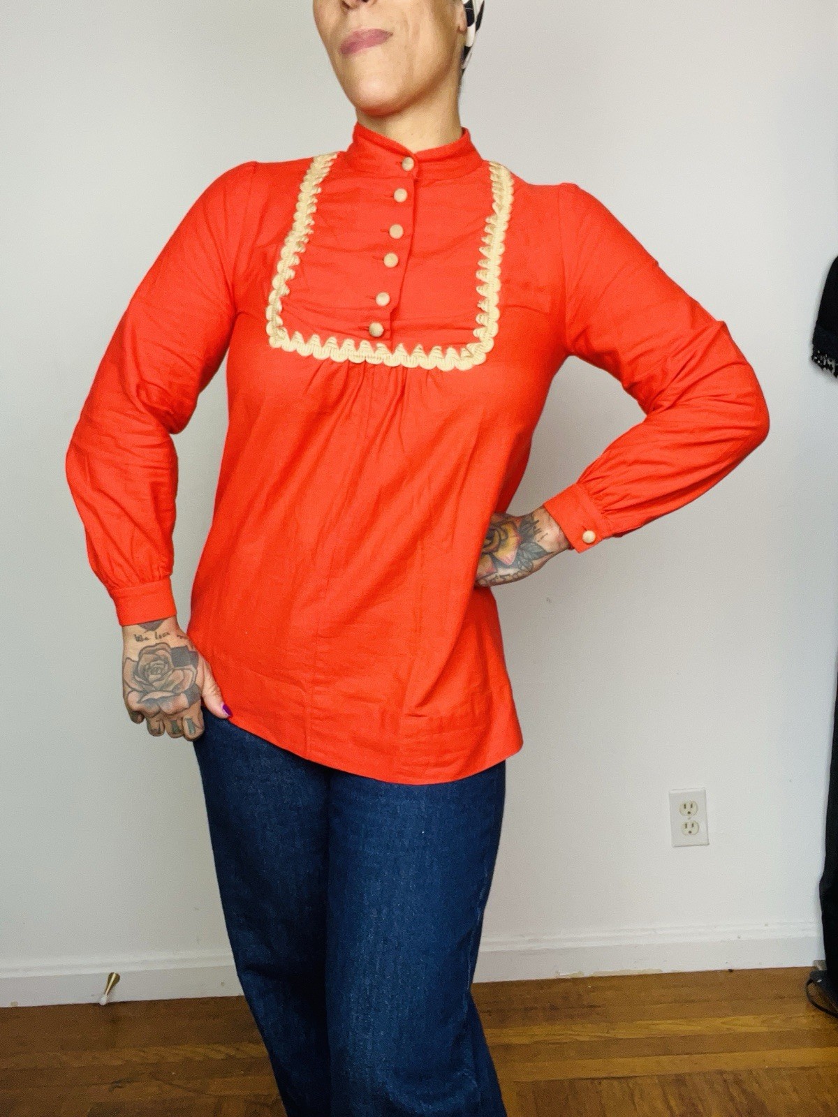 1970’s 70s Vintage Peasant Orange Raffia Jute Trim Nehru Tunic Top S 36 Bust
