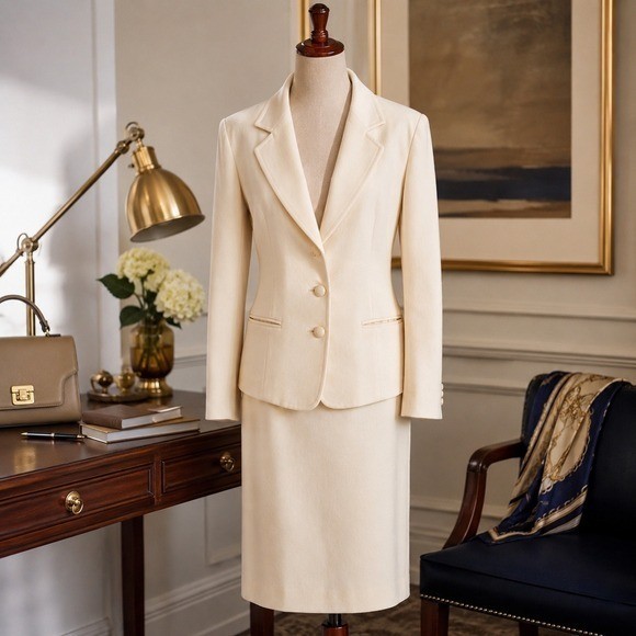 Vintage 90s Pendleton Cream Virgin Wool Skirt Suit Set Blazer Pencil Skirt Sz 12