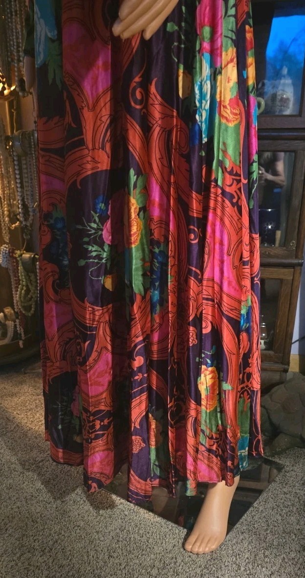 Vintage 70s Floral Psychedelic Maxi Dress Long Sleeve Boho Hippie Gown