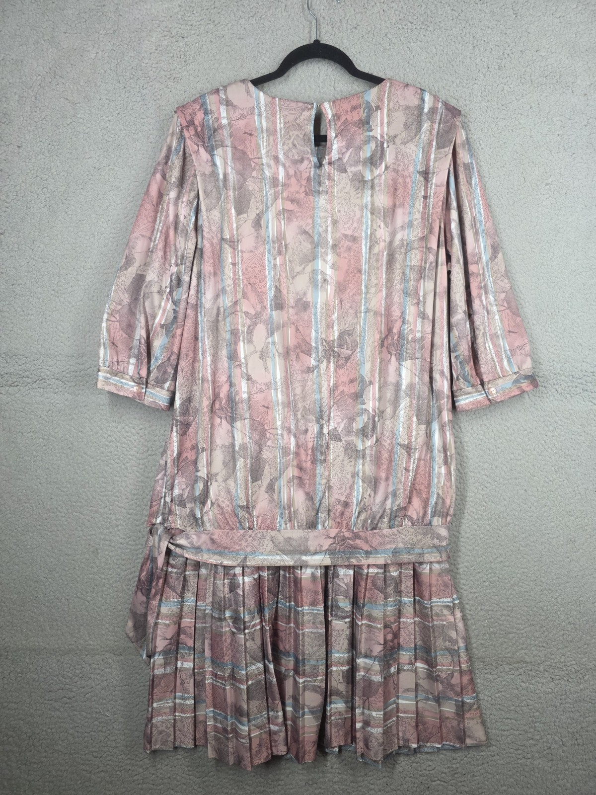 Vintage 80s Dress Size 16 Pink Stripe Pleated Drop Waist