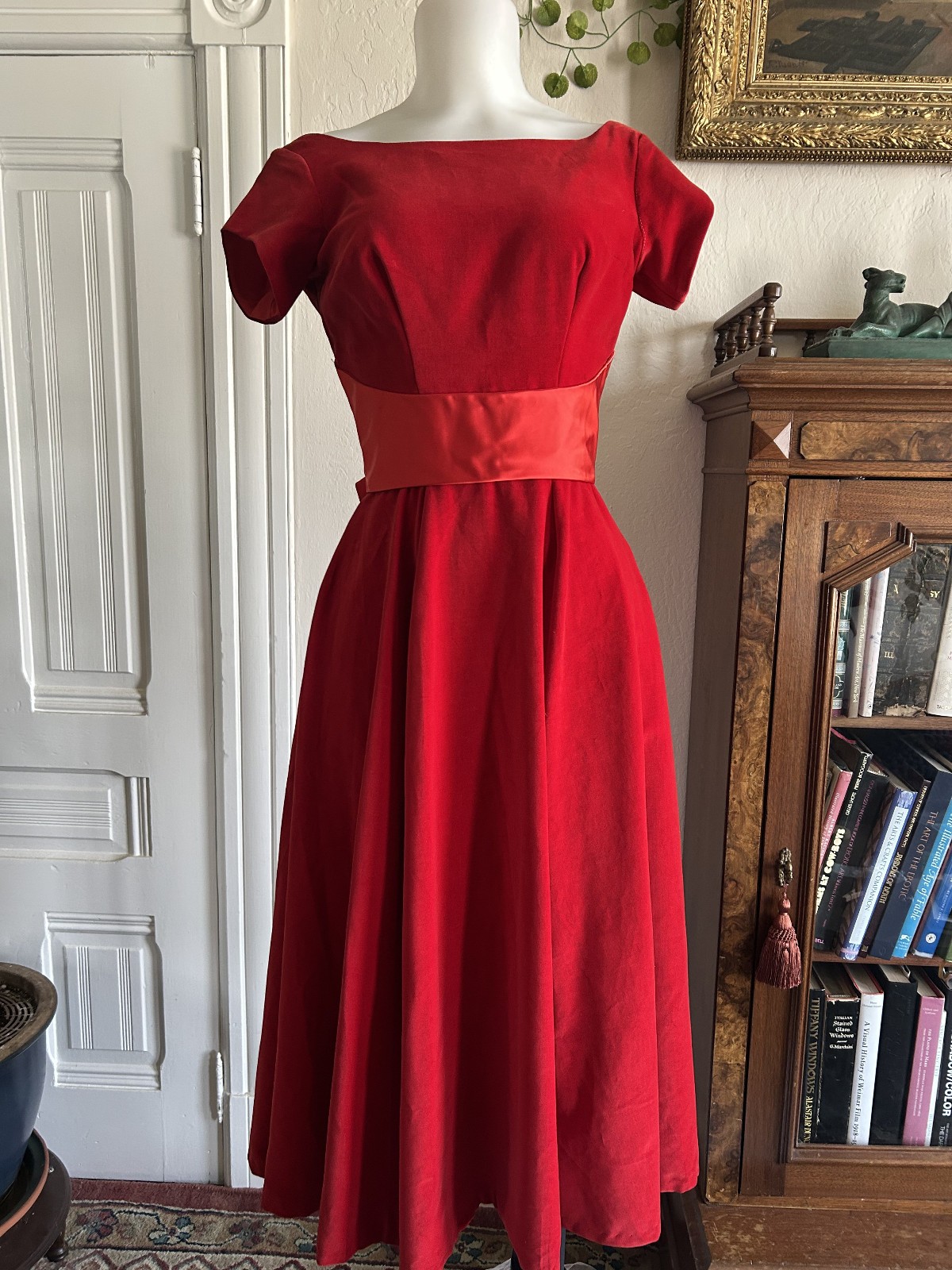 Vintage 1950s Ruby Red Velvet Party Dress Satin Sash Full Skirt XS Formal Bow