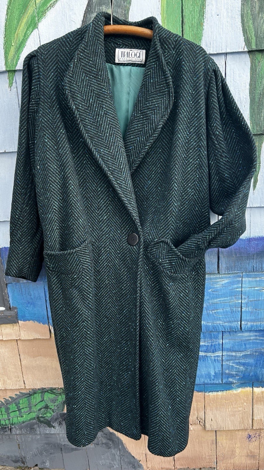 Vintage Trilogi USA Teal Herringbone Wool Blend Maxi Tweed Coat Women Size XL