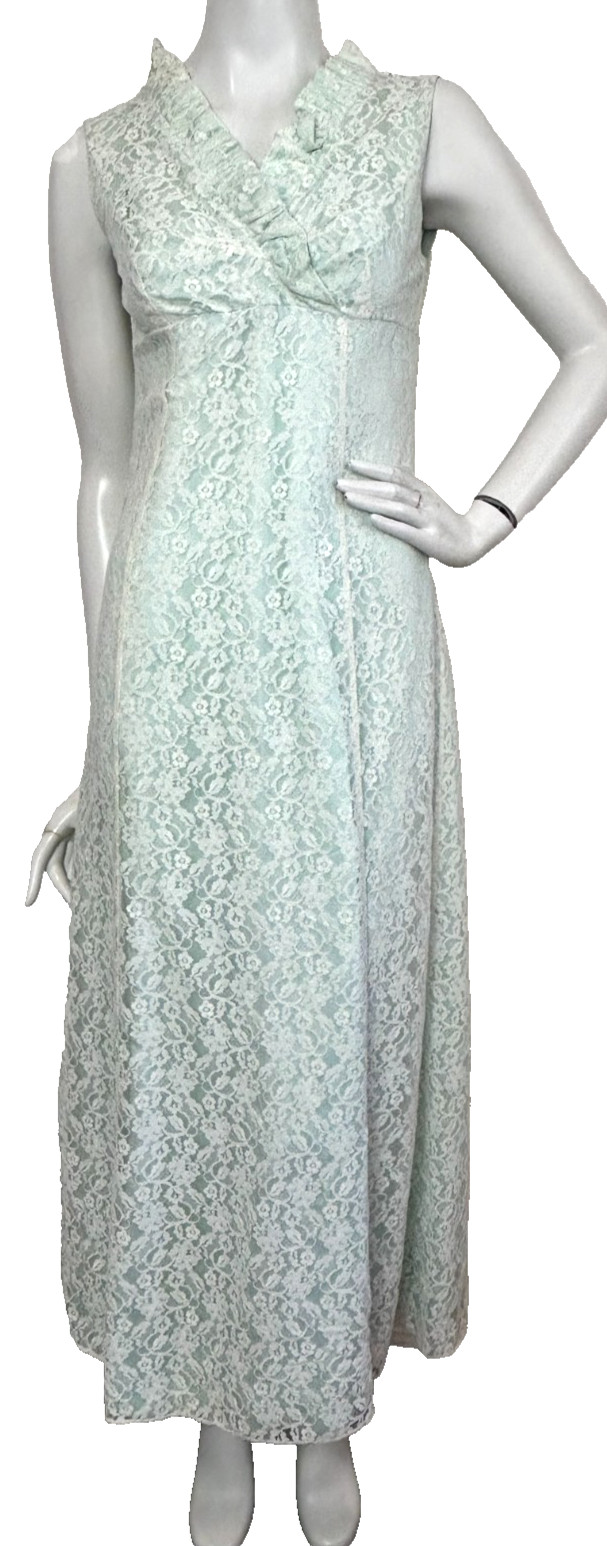 50s Lace Column Dress Size S Aqua Ruffle Sleeveless Lined Ruffle Empire Vintage