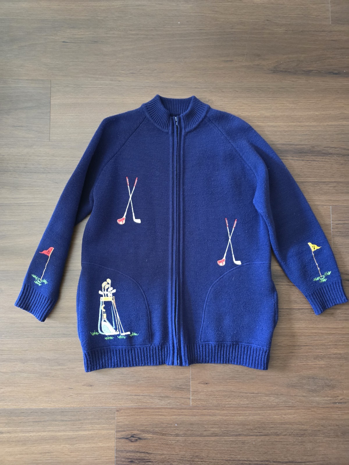 Vintage 70s 80s Bonnie Lee Womens Large Golf Sweater Full Zip Pockets Preppy