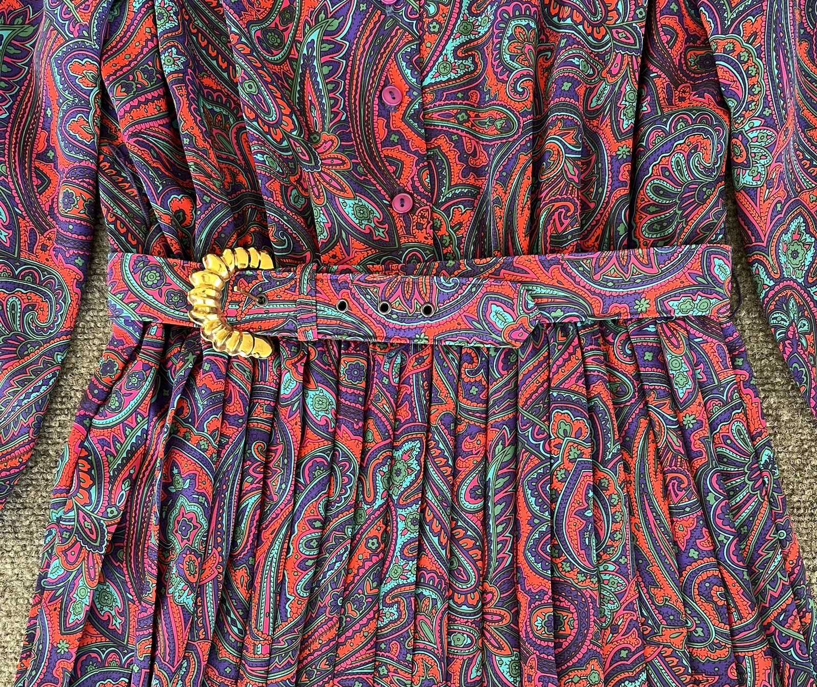 Lady Carol Petites VTG Dress Red Blue Neon Pleated Belted Hippy Fairy Size 10