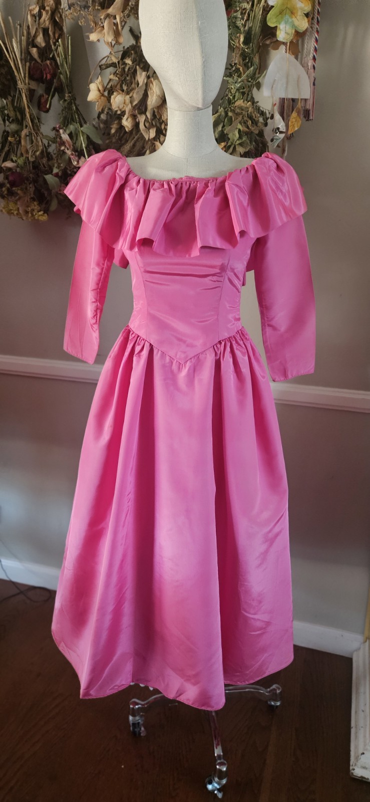 Vintage 1980s Pink By FE&rsquo;S of Sherman Oaks Prom Dress With Dramatic Ruffeled…