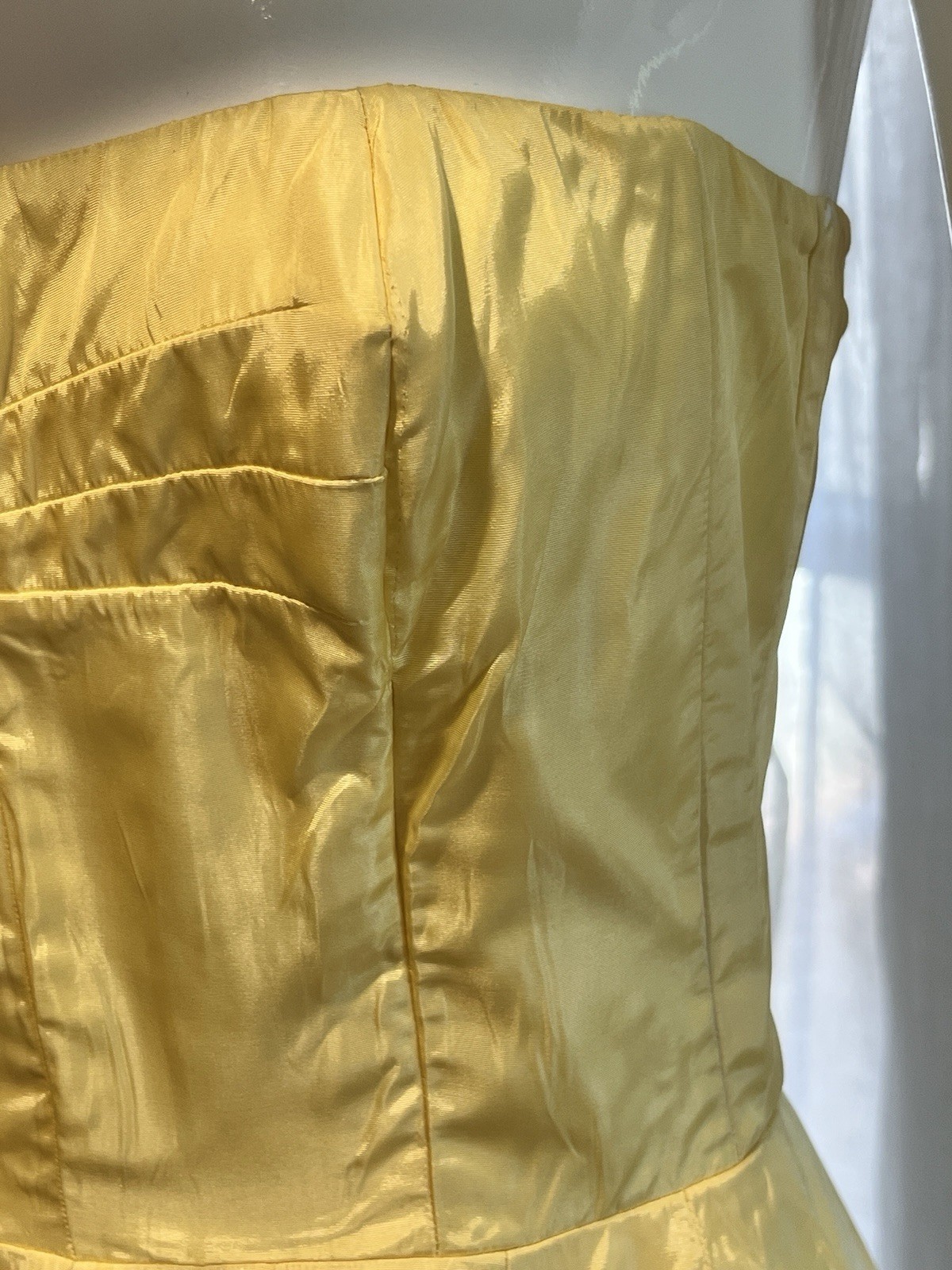 Vintage Buttercream Lined Yellow Strapless Satin Darted Boned Bust Circle Dress