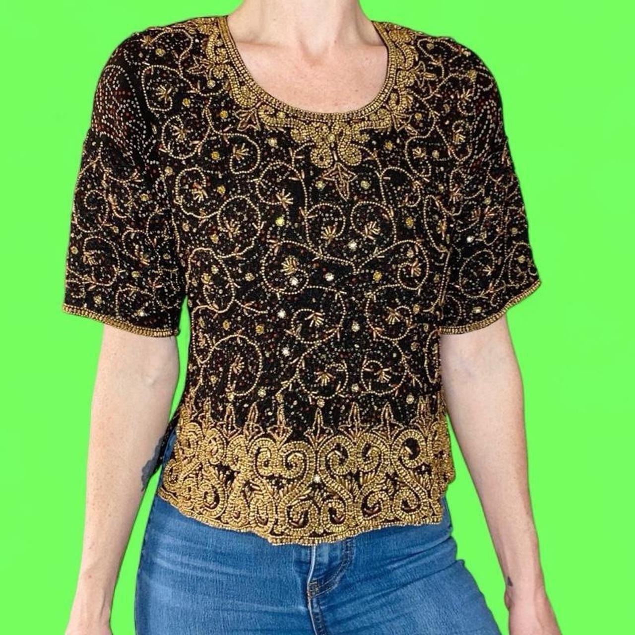 Vintage Paaneri Black Gold Beaded India Party Dress Blouse