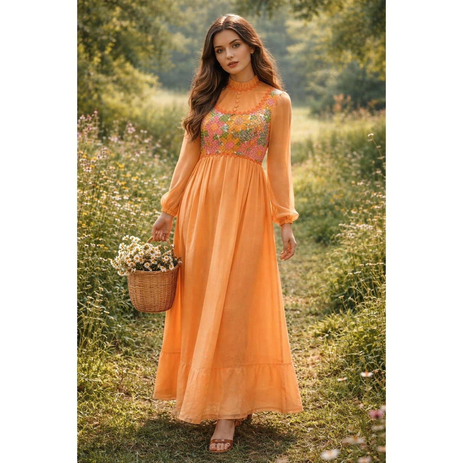 Vintage 70s Prairie Maxi Dress Orange Floral Yoke ILGWU Cottagecore Boho Groovy