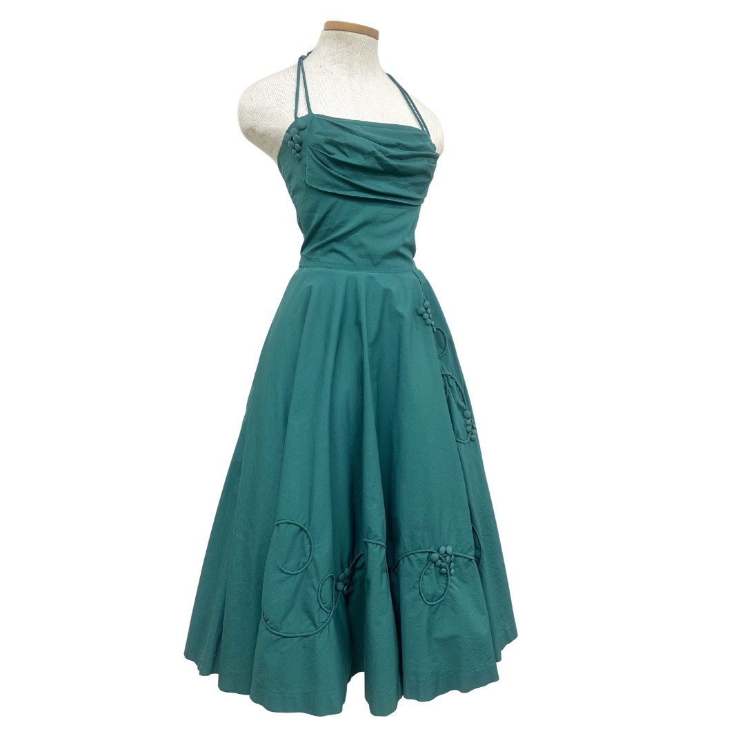 Vintage 1950s Noveltly Green Grape Button Fit n Flare Dress