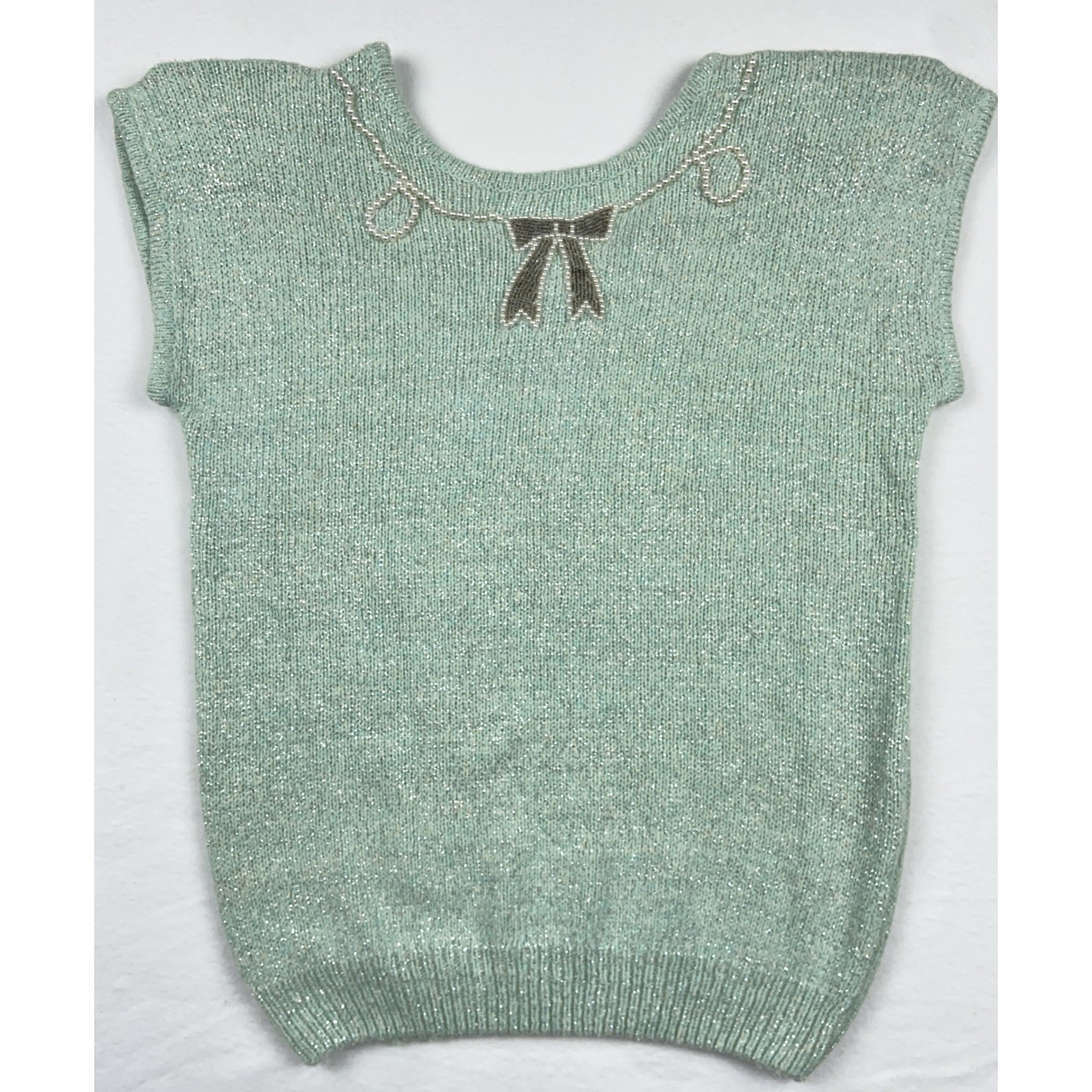 Vintage Heidi Mint Green Metallic Knit Silk Angora Wool Beaded Bow Top L