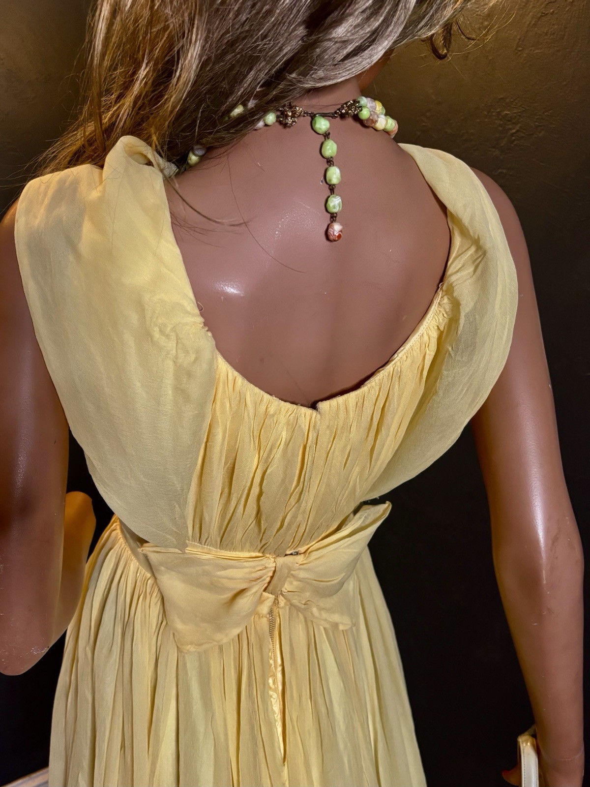 MCM Yellow Chiffon Mod Party Cocktail Dress Fitted Empire Waist/Full Skirt/Bow S