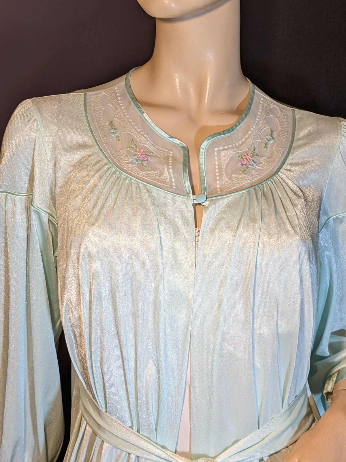 Vintage SEARS Shimmery Green Draped Back Dress Gown Peignoir Long Nylon Robe M