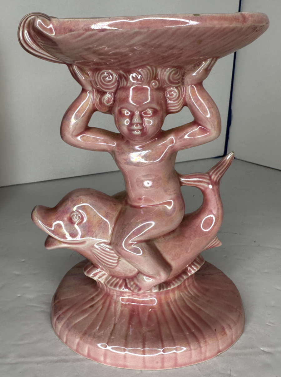 Holland Mold Ceramic Pink Iridescent Cherub on Dolphin Trinket Soap Dish – 1979