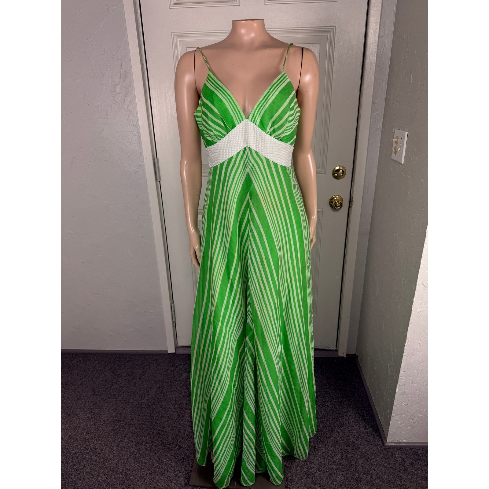 Vintage 70s Women&rsquo;s Dress 10 Cotton Polyester Maxi V neck Striped Party K3-21