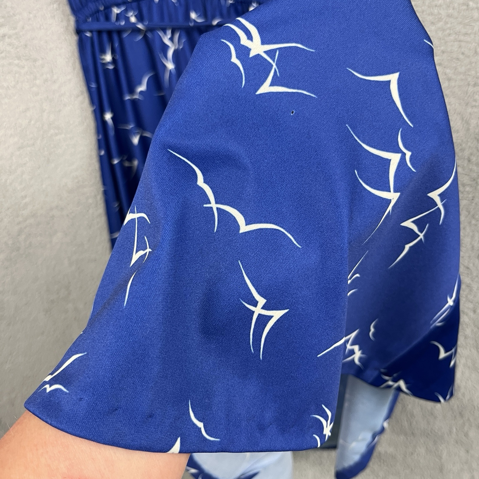 Vintage 70s Dress Womens Small Blue Seaside Seagulls All Over Print Tie Shoulder
