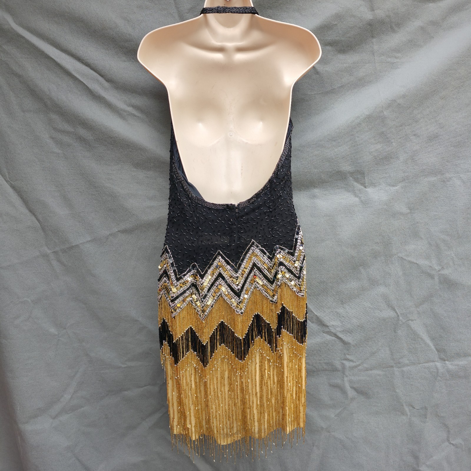 Vintage Niteline by Della Roufogali Black Gold Beaded Fringe Cocktail Dress