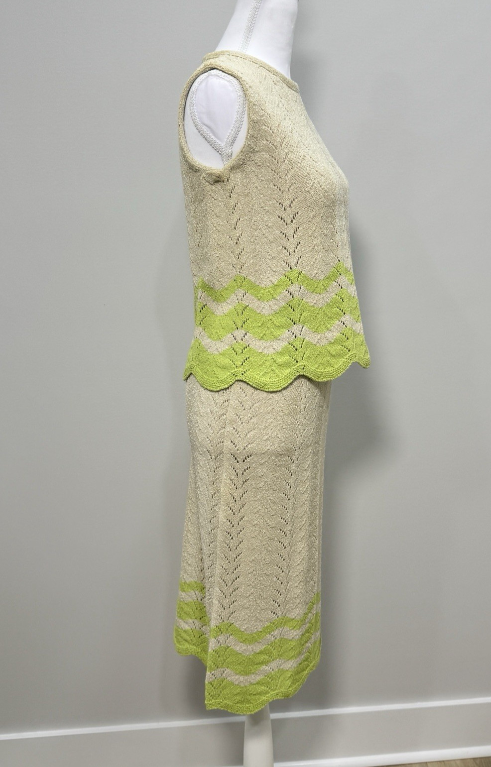 Vintage 1960s Mister Sig Knit Top Skirt Set Cream Lime Green ILGWU Small